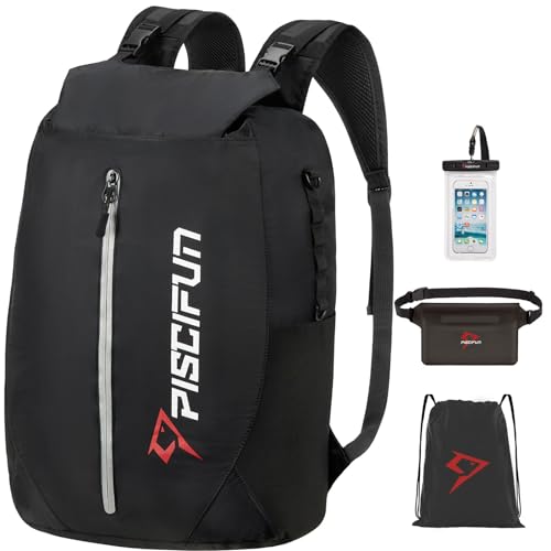 Piscifun Dry Bag Waterproof, Lightweight Dry Backpack Roll-Top Sealed with Waist Pouch and Phone Case Keeps Gear Dry Inside for Kayaking, Boating - color: Black, size: 30L