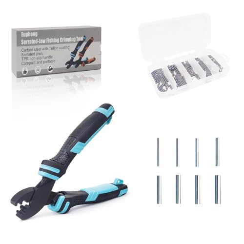 Eupheng Fishing Crimping Pliers Tools Secure Crimp Without Damaging Line, 6-Tooth Serrated Jaws Crimper with 240pcs Copper Sleeves, 5.9in Carbon Steel for Saltwater & Freshwater - color: Crimping Pliers (Blue) + Sleeves (240pcs)