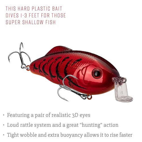 Strike King Hybrid Hunter Shallow Jr. Fishing Lure, Shallow Diving Crankbait, 90-Degree Bill, 3D Eyes, Loud Rattle, Dives 1 to 3-Feet,Size 4 & 6 Treble Hooks - color: Delta Red, size: 1/2 oz