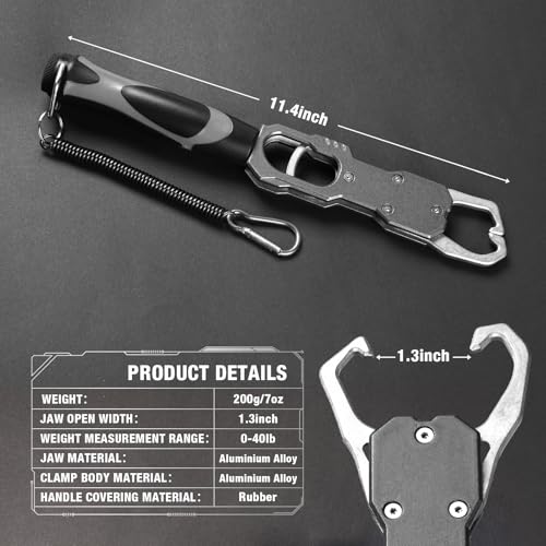 Ghosthorn 12" Aluminum Alloy Fish Lip Gripper with Scale-40lbs Saltwater Fishing Grabber Tool, 360° Swivel Non-Slip Handle, Corrosion-Resistant Fish Holder for Caught Fish, Fish Control Tackle (Grey)