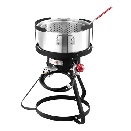 VEVOR 10 Qt Fish and Wing Fryer, Aluminum Propane Fish Fryer Kit, Outdoor Deep Fryer Seafood Pot with Thermometer, Strainer Basket, and 54,000 BTUs Propane Burners, for Outdoor and Backyard Cooking - style: 10-qt