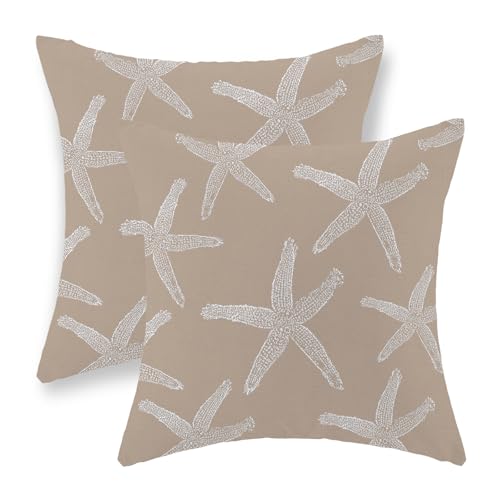 Brown Tan Starfish Pillow Covers 18x18 Inch Set of 2 Coastal Throw Pillows Summer Nautical Ocean Beach Theme Decorative Pillowcase Linen Outdoor Farmhouse Decor Cushion Case for Home Bedroom - color: Brown Starfish, size: 18" x 18" (Pack of 2)