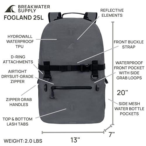 Breakwater Supply™ Fogland CORDURA Waterproof IP68 Submersible Backpack | Tech Bag with Laptop Sleeve & Airtight Zippers for Travel, Work, Commute, College, Gaming, Unisex, TPU (Goshen Gray, 25L) - color: Cordura Goshen Gray, size: 25L