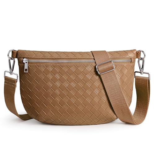 KALIDI Woven Crossbody Bags for Women Travel Vegan Leather Fanny Packs for Woman Cross Body Purse Fashion Belt Bum Bag with Wide Strap - color: Dark Brown