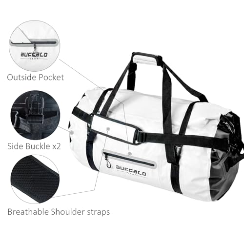 Buffalo Gear Waterproof Duffle Bag 40L 60L 80L Roll-top Dry Bag Heavy Duty Waterproof Duffel Travel Bag for Kayaking Rafting Boating Fishing Camping - color: White, size: 60L