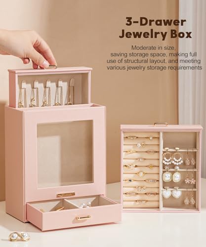 Homde Jewelry Organizer Girls Women Jewelry Box for Necklaces Rings Earrings Gift Bracelets Storage Case (Peach Pink + Gold) - color: Peach Pink + Gold