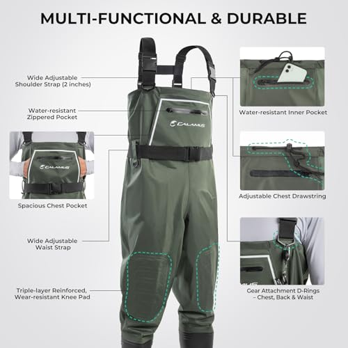 Calamus WaveWalker Fishing Waders for Men & Women, 100% Waterproof PVC Waders with Slip-Resistant Boots, Tear-Resistant Nylon - color: Military Green, size: 11