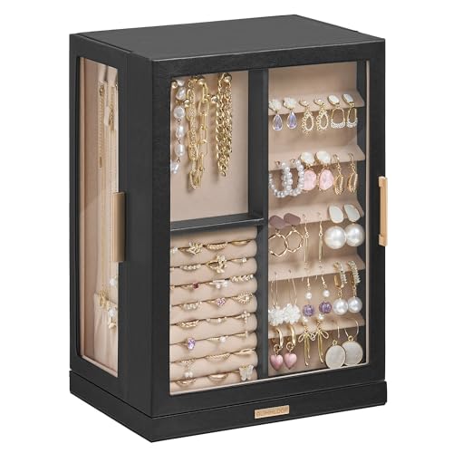 Glimmloop 360° Rotating Jewelry Box with 7 Drawers, Spacious Vertical Jewelry Organizer with Glass Window, Jewelry Storage Case, Dustproof & Moisture-resistant Design, Black - color: Black, size: 7 Drawers (6.2"D x 9.2"W x 12.7"H)