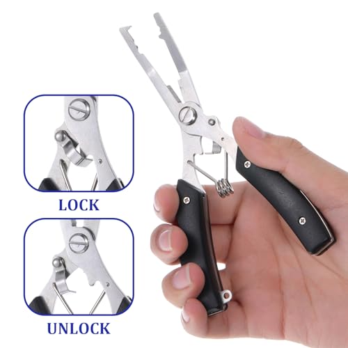 Stainless Steel Fishing Pliers Fishing Hook Remover Needle Nose Pliers Line Cutter Plier with Lanyard Multi-Function Braid Cutter Lockable Handy Fish Tool with Storage Bag For Men Saltwater Freshwater