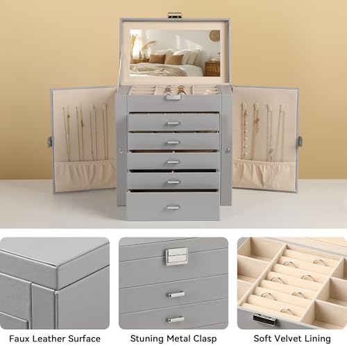Frebeauty Large Jewelry Box,6-Tier PU Leather Jewelry Organizer,Multi-functional Storage Case with Mirror,Accessories Holder with 5 Drawers for Necklace Bracelets Watches(Grey) - color: Grey, size: Large