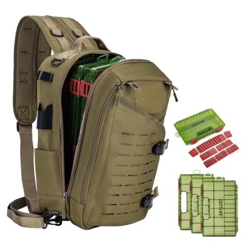 Goture Khaki Tackle Bag with Trays Rod Holder 900D Durable Fishing Tackle Storage Bag for Kayak, Shore Fishing - color: Khaki, style: 900d Water-resistant Oxford Backpack + (3)3600 Trays