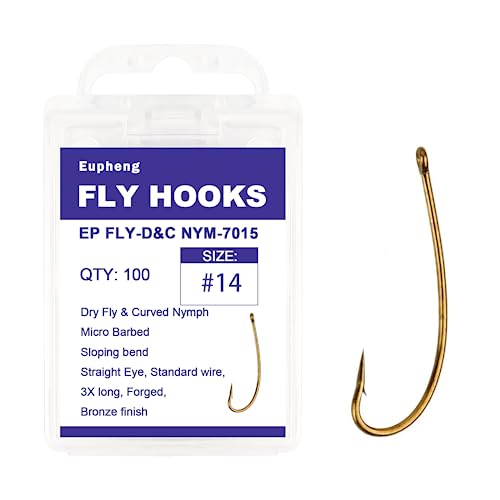 Eupheng Fly Fishing Hooks 100pc Pack Micro Barbed High Carbon Steel Bronze Forged for Dry Flies, Curved Nymphs, Shrimp,Caddis Pupa - color: EP FLY-D&C NYM-7015, size: #14