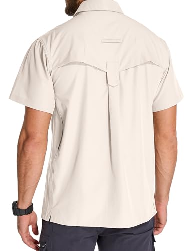 Mens Short Sleeve Button Down Shirts UPF 50+ Sun Protection Quick Dry Fishing Shirt for Travel Hiking Safari Camping - color: Light Khaki, size: Medium
