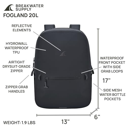 Breakwater Supply™ Fogland Waterproof IP68 Submersible Backpack | Laptop Sleeve, Side Pockets, Airtight Zippers for Outdoors, Travel, Kayaking, Hiking, Daypack, Unisex TPU Dry Bag (Stealth Black, 20L) - color: Stealth Black, size: 20L