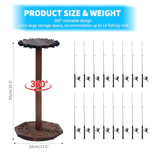 360° Rotating Natural Wood Fishing Rod Holder, Round Floor-Standing Fishing Rack Stores 16 Rods, Fishing Pole Storage Organizer for Garage, Basement, or Shed, Easy to Install - size: Round