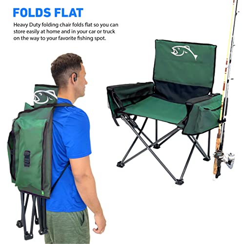 EASYGO PRODUCTS Fishing Chair with Rod Holder – Built in Cooler – Hands Free Fishing Pole Holder - Storage Pouch – Full Size Portable & Folding – Ruler for Measuring Fish, Fishing Chair Green