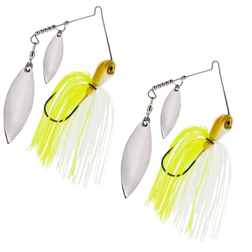 Reaction Tackle Tungsten Spinner Bait Spinnerbait - Double Willow Blade Bass Fishing Lure - Compact Profile Heavy Casting 97% Tungsten (2-Pack) - color: Chartreuse White, size: 3/8 Oz