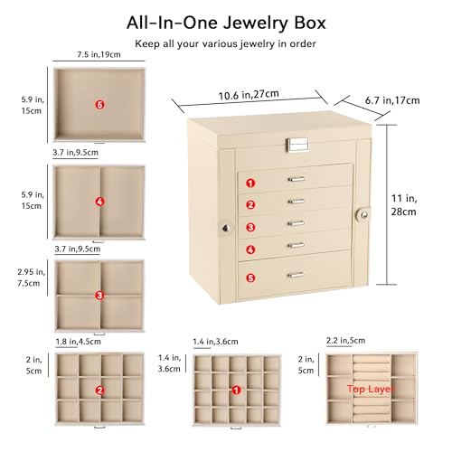 Frebeauty Large Jewelry Box,6-Tier PU Leather Jewelry Organizer,Multi-functional Storage Case with Mirror,Accessories Holder with 5 Drawers for Necklace Bracelets Watches(Beige) - color: Beige, size: Large