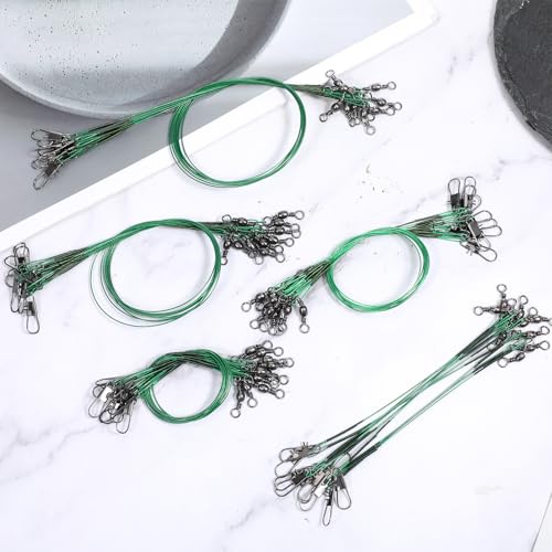 50 Pcs Fishing Leaders with Swivels, Steel Wire Fishing Leader | High-Strength Anti-Bite Wire Leader Line Kit for Saltwater Freshwater, Connects Lures, Hooks, Rigs (Green, 4/6/8/10/12 Inch) - color: Green