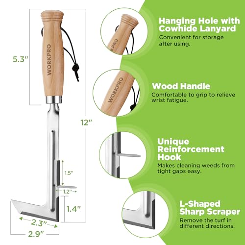 WORKPRO Crack Weeder, 12" Stainless Steel Crevice Weeding Tool Weeder Tool | Beech Wood Handle, L-Shaped Side-Walk Weed Puller Spatula, for Garden Lawn Yard Patio Terrace Paving Moss