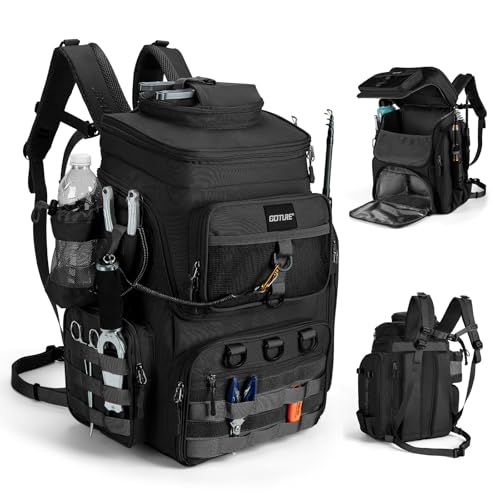 Goture Fishing Backpack, 900D Water-Resistant Tackle Bag with Rod Holders, Insulated Cooler Compartment, 55L Large Capacity Fishing Gear Storage for Saltwater&Freshwater Camping Hiking,Gifts for Men - color: A2:black(without Tackle Boxes)