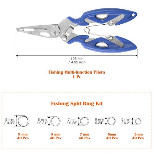 201 Pcs Stainless Steel Fishing Split Rings 5 Sizes Double High Strength Lure Tackle Connector kit with Fishing Pliers Fish Hook Remover Fishing Tackle for Freshwater and Saltwater