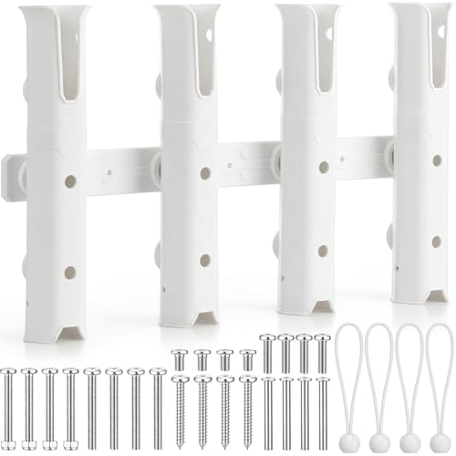Adjustable Fishing Rod Holders for Golf Cart 4 Tube Wall Mounted Fishing Rod Holders for Boat, Bike, Garage, Kayak, Crate, Wagon & Rv, with Mounting Screws and Elastic Cords - color: White