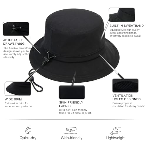 FEINION Men Women Breathable Sun Cap Portable Outdoor Bucket Hat - color: Black