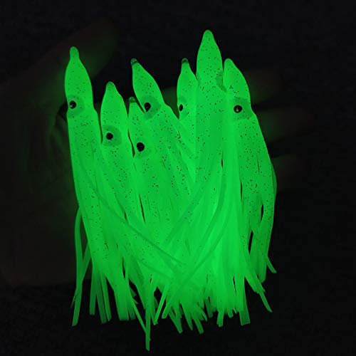 Squid Skirts Fishing Saltwater Glow Trolling Squid Swimbait Lures Luminous Octopus Skirts Soft Plastic Fishing Bait for Bass Salmon Trout 1.96in,3.54in,4.33in Pack of 20 - color: Glow, size: 3.54"