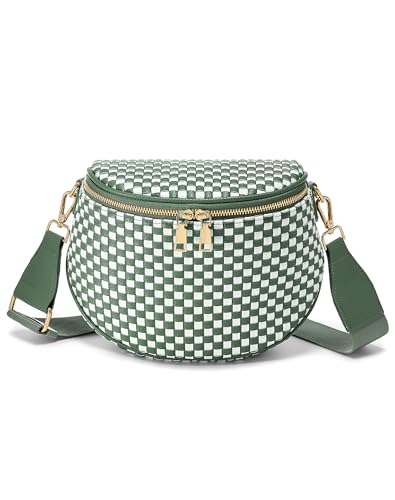 Trendy Woven Checkered Crossbody Bum Bag for Women，PU Leather Checkered Purse Fanny Packs Belt Bag (Woven Bum Bag - Bean Green White) - color: Woven Bum Bag - Bean Green White