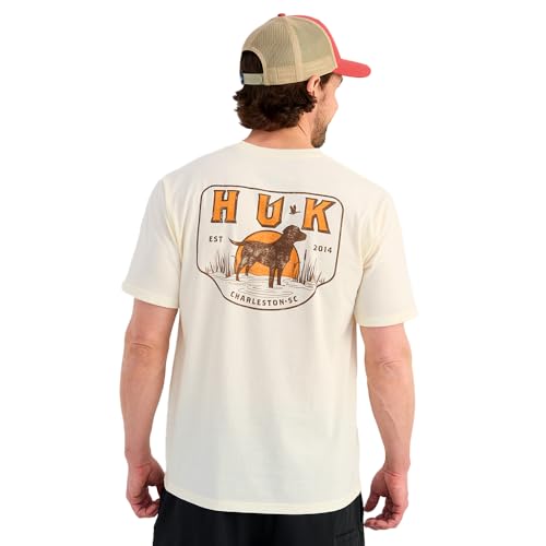 HUK Men's Pocket Tee, Comfortable Performance Fishing Short Sleeve T-Shirt with Chest Pocket - color: Lab Patch - Egret, size: X-Large