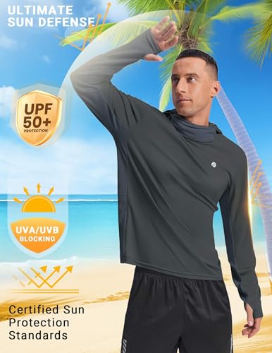 PINSPARK UPF 50+ Sun Protection Hoodie Men with Mask Quick Dry Long Sleeve Fishing Hiking Shirts UV Rash Guard Lightweight - color: Dark Grey, size: 3X-Large