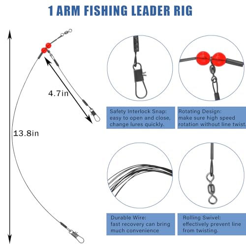 Fishing Leaders Saltwater Tackle Surf Fishing Rigs High Strength Fishing Wire Leader Line Rig with Swivels Snap for Lures Bait Hooks - color: Black Stainless Steel, style: 1 Arm, 12pcs