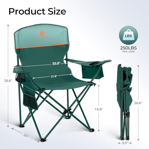 ALPHA CAMP 2-Pack Camping Chair with Cooler Bag, Heavy Duty 250lbs Capacity Folding Chair with Lumbar Support & Side Pocket, Portable Quad Chairs for Beach Fishing Tailgating & Sideline Sport - color: Green