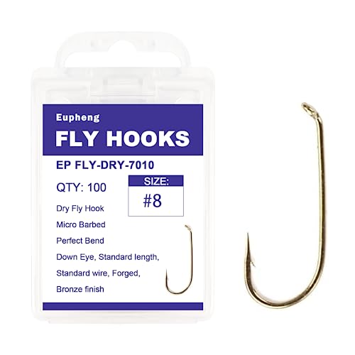 Eupheng Fly Fishing Hooks 100pc Pack Micro Barbed High Carbon Steel Bronze Forged for Dry Flies, Curved Nymphs, Shrimp,Caddis Pupa - color: EP FLY-DRY-7010, size: #8