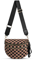 Checkered Nylon Crossbody Bag Bum Bag for Women Mom Large Checkered Fanny Packs with Adjustable Strap - color: Khaki Checkered