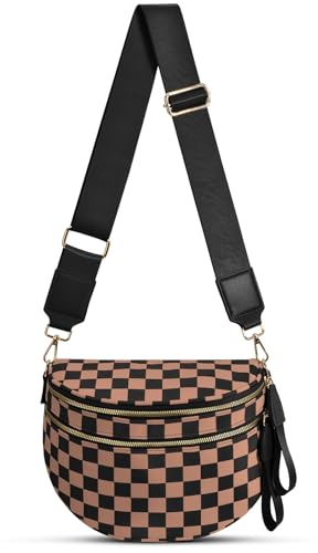 Checkered Nylon Crossbody Bag Bum Bag for Women Mom Large Checkered Fanny Packs with Adjustable Strap - color: Khaki Checkered