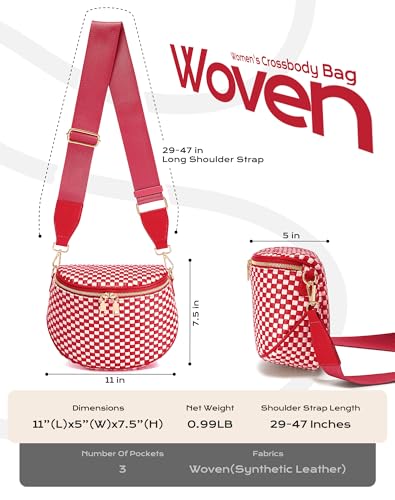 Trendy Woven Checkered Crossbody Bum Bag for Women，PU Leather Checkered Purse Fanny Packs Belt Bag (Woven Bum Bag - Red White) - color: Woven Bum Bag - Red White