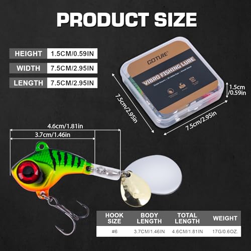 Goture Fishing Lures VIB Tail Spinners Bait Set, Two-Way Spinning Spoon System with Kona Treble Hook, Fixed Tube Anti-Tangle, 3D Eyes Sinking Lures with Tackle Box, Fishing Jigs Fishing Spinner Blade - color: 1/2 oz - 4 Pcs with Box