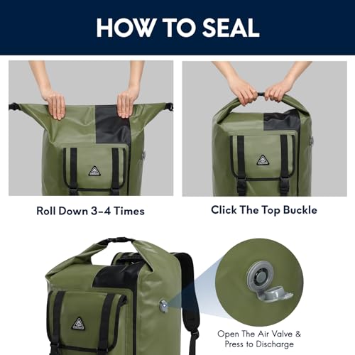 Haimont Dry Waterproof Roll Top Backpack Marine Dry Bag River Pack with Waist Belt Camping Surfing 60L, Army Green/Black - color: Army Green/Black, size: 60L