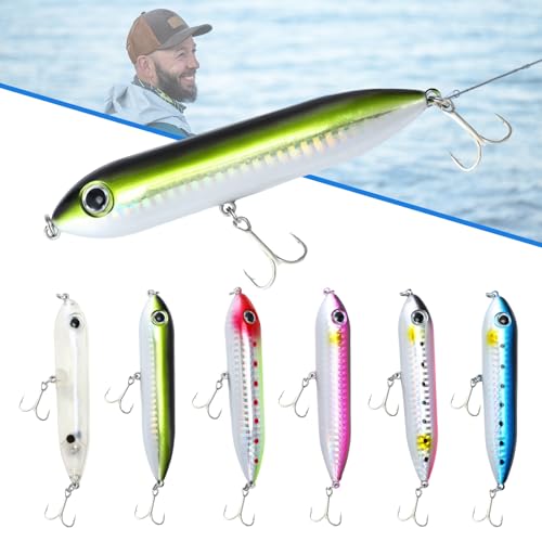 6 Pcs Topwater Fishing Lure, Top Water Lures for Saltwater and Freshwater, Rattling Line Float Lure, Pencil-Shaped Lures Simulated Fishing Hooks 0.46 oz, for Catfish Bass, Mullet