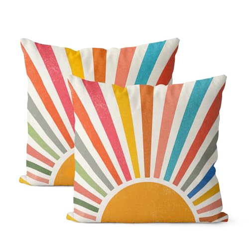 Summer Pillow Covers 16x16 Inch 2 Pcs Boho Colorful Sunshine Outdoor Decor Throw Pillows Stripes Rainbow Sun Farmhouse Holiday Decoration Pillowcase Linen Cushion Cover for Couch Sofa - color: Boho Sun 03, size: 16" x 16" (Pack of 2)