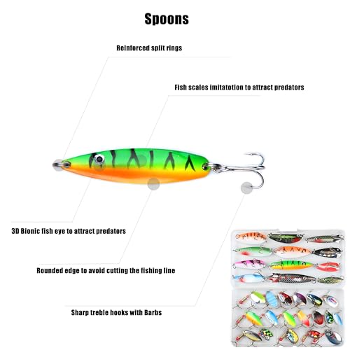 EXAURAFELIS 10/30pcs Fishing Lure Spinnerbait with Feathered Treble Hooks Rooster Tail Fishing Lures Spoon Lures for Bass Salmon Trout Spinner Baits with Tackle Box - color: 30pcs spinnerbaits & spoon lures