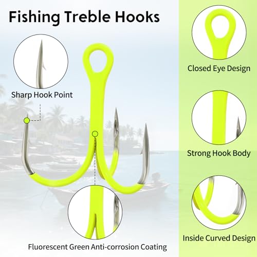 9KM DWLIFE Treble Hooks 10Pcs Fluorescent Green Triple Hooks High Carbon Steel Catfish Hooks Corrosion-Resistant Saltwater Fishing Hooks - size: 1#