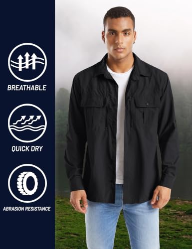TACVASEN Fishing Shirt for Men, Long Sleeve Shirt Quick Dry Fit, Tactical Shirt Button Up, Work Shirt Lightweight Safari - color: Black, size: XX-Large