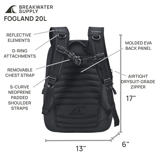 Breakwater Supply™ Fogland Waterproof IP68 Submersible Backpack | Laptop Sleeve, Side Pockets, Airtight Zippers for Outdoors, Travel, Kayaking, Hiking, Daypack, Unisex TPU Dry Bag (Stealth Black, 20L) - color: Stealth Black, size: 20L