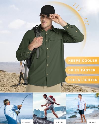 33,000ft Men's Long Sleeve Sun Protection Shirt UPF 50+ UV Quick Dry Cooling Fishing Shirts for Travel Safari Camping Hiking - color: Army Green, size: Large