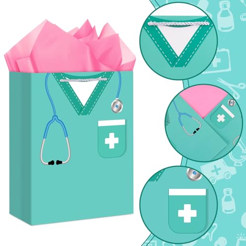 Hooqict Large Nurse Graduation Gift Bag Nurse Gift Wrap Bag with Handles, Tissue Paper, Greeting Cards for Her Women New Grad Nursing Student Medical School Graduation Party Gifts Supplies - color: Nurse
