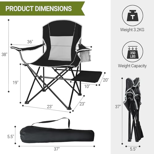 XGEAR Camping Chairs 350LBS Capacity, Heavy Duty Folding Chair with Side Table, Portable Outdoor Chair with Cup Holder for Adults, Collapsible for Tailgating, Beach, Fishing, Backyard - Black - color: Black, size: 1-Pack