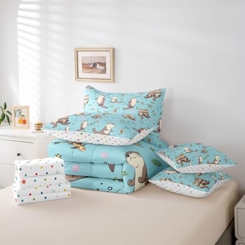 Erosebridal Cartoon Comforter Set with Sheets Queen Size Sea Otters 7-Piece Bedding Set for Kids Boys Girls Leaf Lap Otter Kawaii Cute Starry Rustic Beige Blue Lightweight Bed in A Bag - color: Beige Blue, size: Queen